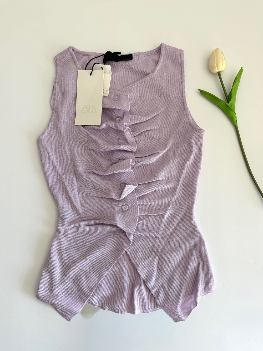 ZARA Lavender Ruffle-Front Sleeveless Knit Tank
